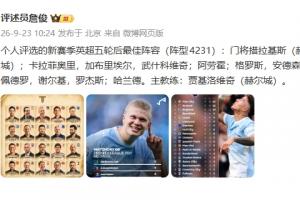 英超5轮战罢 詹俊评选最佳阵容：曼城3人领衔 阿森纳、切尔西、赫尔城各2人在列