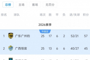 下轮广东广州豹若主场赢球，将提前4轮夺得2026中甲冠军并锁定冲超名额