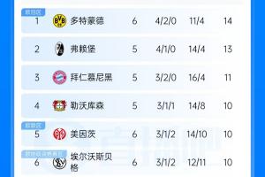 德甲最新战报：多特先赛暂居榜首1分优势 埃尔沃斯贝格强势闯入前6 拜仁蓄势待发